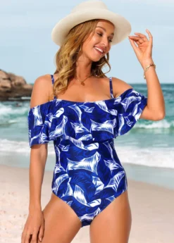 Flounce Leaf Print Navy Blue One Piece Swimwear -Elegance Swimwear Store 291303 P 16393954792952