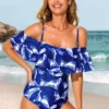 Flounce Leaf Print Navy Blue One Piece Swimwear