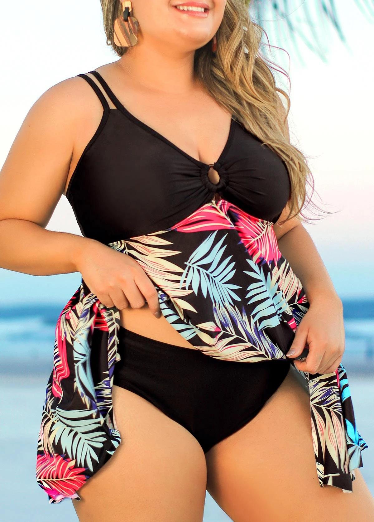 Plus Size Tropical Print Black Swimdress Set 3 Plus Size Tropical Print Black Swimdress Set - Image 3