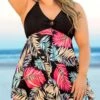 Plus Size Tropical Print Black Swimdress Set