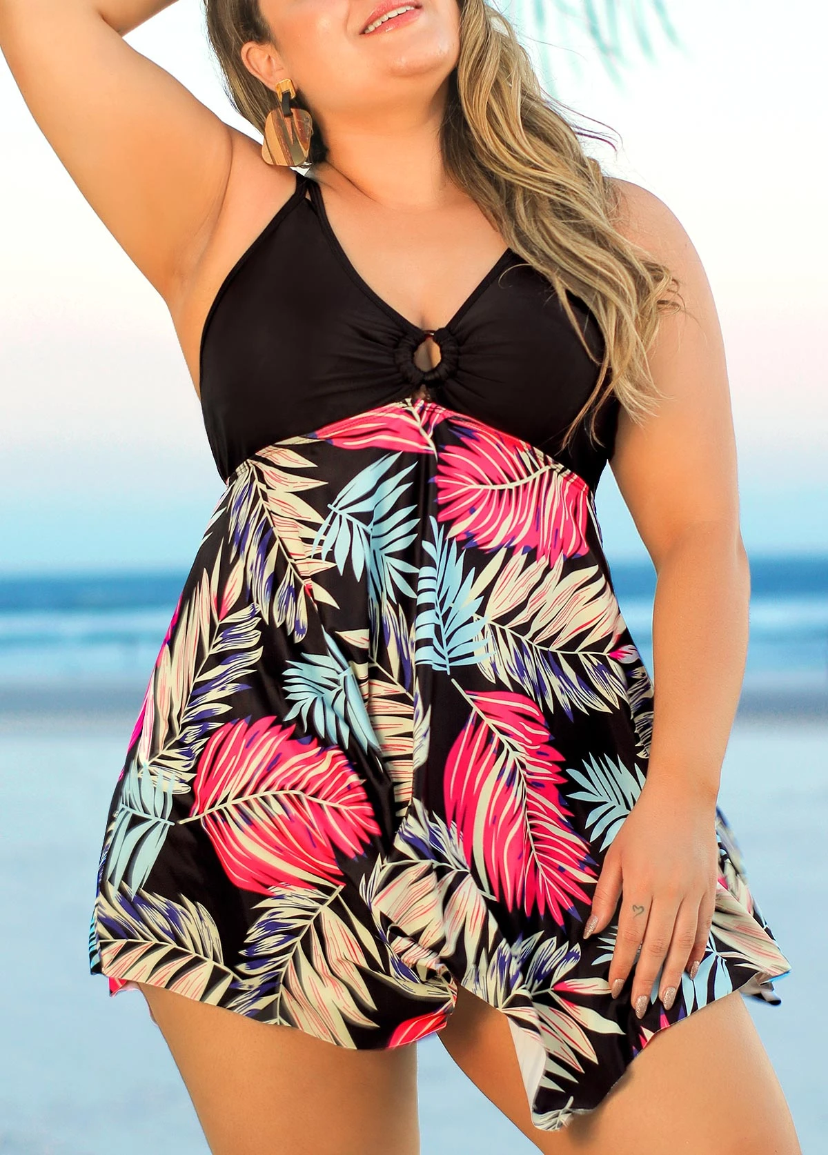 Plus Size Tropical Print Black Swimdress Set 1 Plus Size Tropical Print Black Swimdress Set