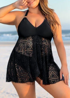 Plus Size Lace Stitching Black Swimdress Set