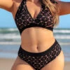 Plus Size Black Lace Mid Waist Bikini Set