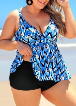 Plus Size Chevron Print Blue Tankini Set -Elegance Swimwear Store 291441 P 16427476561782