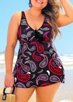 Paisley Print Cross Strap Plus Size Black Swimdress Set