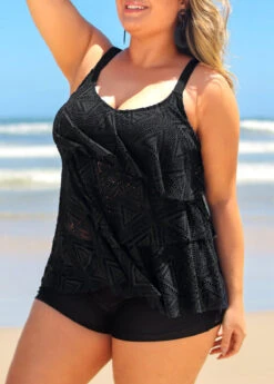 Plus Size Black Lace Layered Hem Tankini Set -Elegance Swimwear Store 291450 P 16408603027612