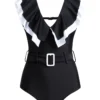 Black Flounce Buckle Detail One Piece Swimwear
