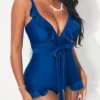 Blue Flounce Tie Front One Piece Swimwear