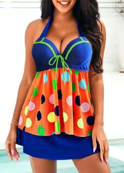 Rainbow Color Polka Dot Bowknot Halter Swimdress And Pantskirt -Elegance Swimwear Store 291485 P 16427291700964