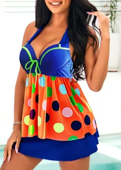 Rainbow Color Polka Dot Bowknot Halter Swimdress And Pantskirt -Elegance Swimwear Store 291485 P 16427291706212