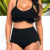 High Waisted Black Flounce Criss Cross Back Bikini Set