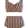 Striped High Waist Cross Front Cutout Bikini Set