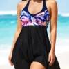 Floral Print Black Asymmetric Hem Swimdress And Panty