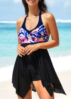 Floral Print Black Asymmetric Hem Swimdress And Panty -Elegance Swimwear Store 291523 P 16408512188583