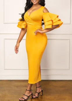 Yellow Layered Ruffle Sleeve Back Slit Dress -Elegance Swimwear Store 291633 P 16399956070162