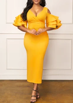 Yellow Layered Ruffle Sleeve Back Slit Dress -Elegance Swimwear Store 291633 P 16399956074843