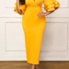Yellow Layered Ruffle Sleeve Back Slit Dress