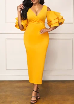 Yellow Layered Ruffle Sleeve Back Slit Dress