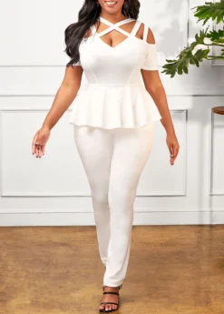 White Cage Neck Flounce Cold Shoulder Jumpsuit