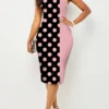 Polka Dot Pink Round Neck Sleeveless Bodycon Dress