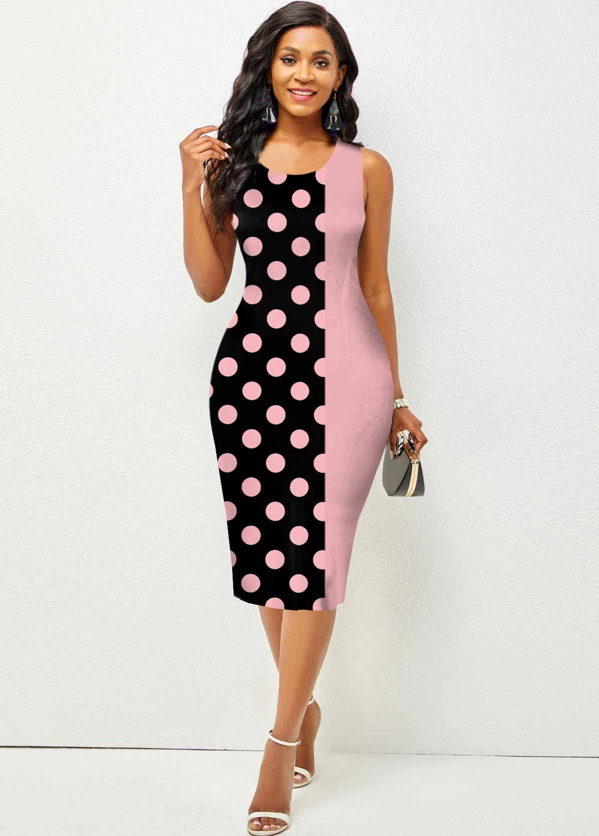 Polka Dot Pink Round Neck Sleeveless Bodycon Dress 4 Polka Dot Pink Round Neck Sleeveless Bodycon Dress - Image 4
