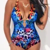 Blue Cross Strap Metal Ring Detail One Piece Swimwear