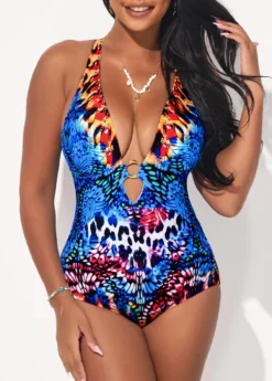 Blue Cross Strap Metal Ring Detail One Piece Swimwear