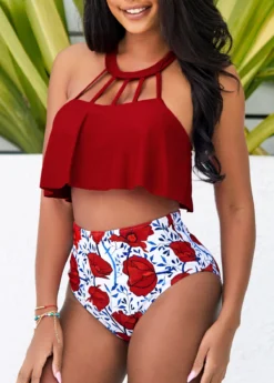 Cage Neck High Waisted Red Bikini Set -Elegance Swimwear Store 292431 P 16405998834462