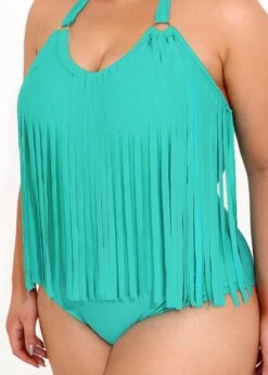 Tassel Plus Size Cyan Halter One Piece Swimwear -Elegance Swimwear Store 292435 P 16412853286464