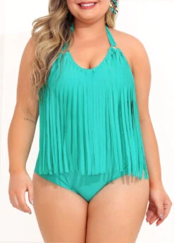 Tassel Plus Size Cyan Halter One Piece Swimwear -Elegance Swimwear Store 292435 P 16412853287243