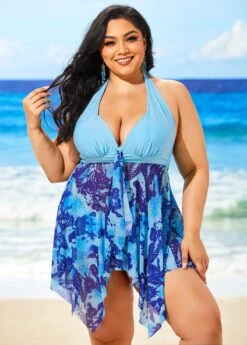 Butterfly Print Light Blue Plus Size Swimdress And Shorts -Elegance Swimwear Store 292483 P 16445742224394