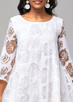 White Mesh Stitching Sheer Asymmetric Hem Floral Print Dress -Elegance Swimwear Store 292499 P 16503484184804