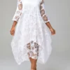 White Mesh Stitching Sheer Asymmetric Hem Floral Print Dress