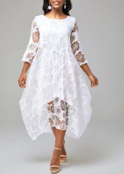 White Mesh Stitching Sheer Asymmetric Hem Floral Print Dress