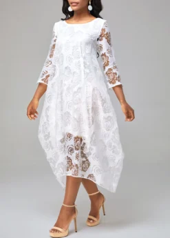 White Mesh Stitching Sheer Asymmetric Hem Floral Print Dress -Elegance Swimwear Store 292499 P 16503484189752