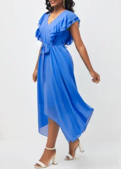 Asymmetric Hem Belted V Neck Blue Dress -Elegance Swimwear Store 292505 P 16406877571953