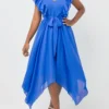 Asymmetric Hem Belted V Neck Blue Dress