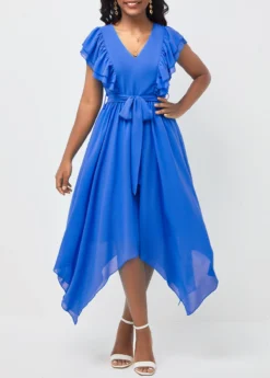 Asymmetric Hem Belted V Neck Blue Dress