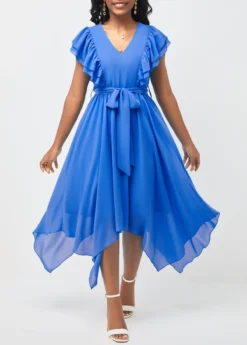 Asymmetric Hem Belted V Neck Blue Dress -Elegance Swimwear Store 292505 P 16406877574144