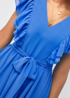 Asymmetric Hem Belted V Neck Blue Dress -Elegance Swimwear Store 292505 P 16406877577295