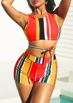High Waisted Stripe Print Multi Color Bikini Set -Elegance Swimwear Store 292625 P 16424101364023