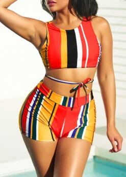 High Waisted Stripe Print Multi Color Bikini Set -Elegance Swimwear Store 292625 P 16424101368402