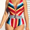 Lace Up Striped Wide Strap One Piece Swimwear