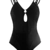 Lace Patchwork Black Metal Ring Detail One Piece Swimwear