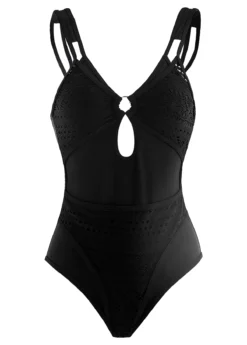 Lace Patchwork Black Metal Ring Detail One Piece Swimwear