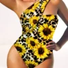 Sunflower Print Leopard Wide Strap One Piece Swimwear