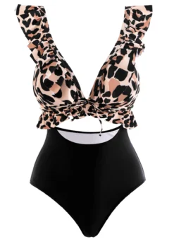 Black Flounce Cutout Leopard One Piece Swimwear