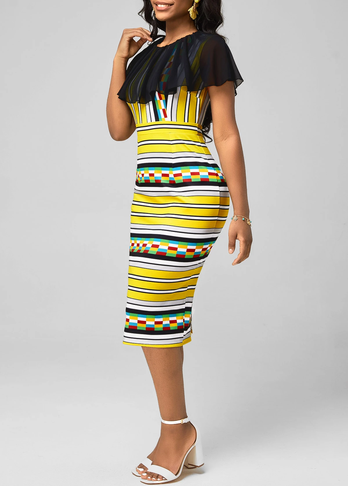 Chiffon Panel Multi Color Striped Bodycon Dress 4 Chiffon Panel Multi Color Striped Bodycon Dress - Image 4