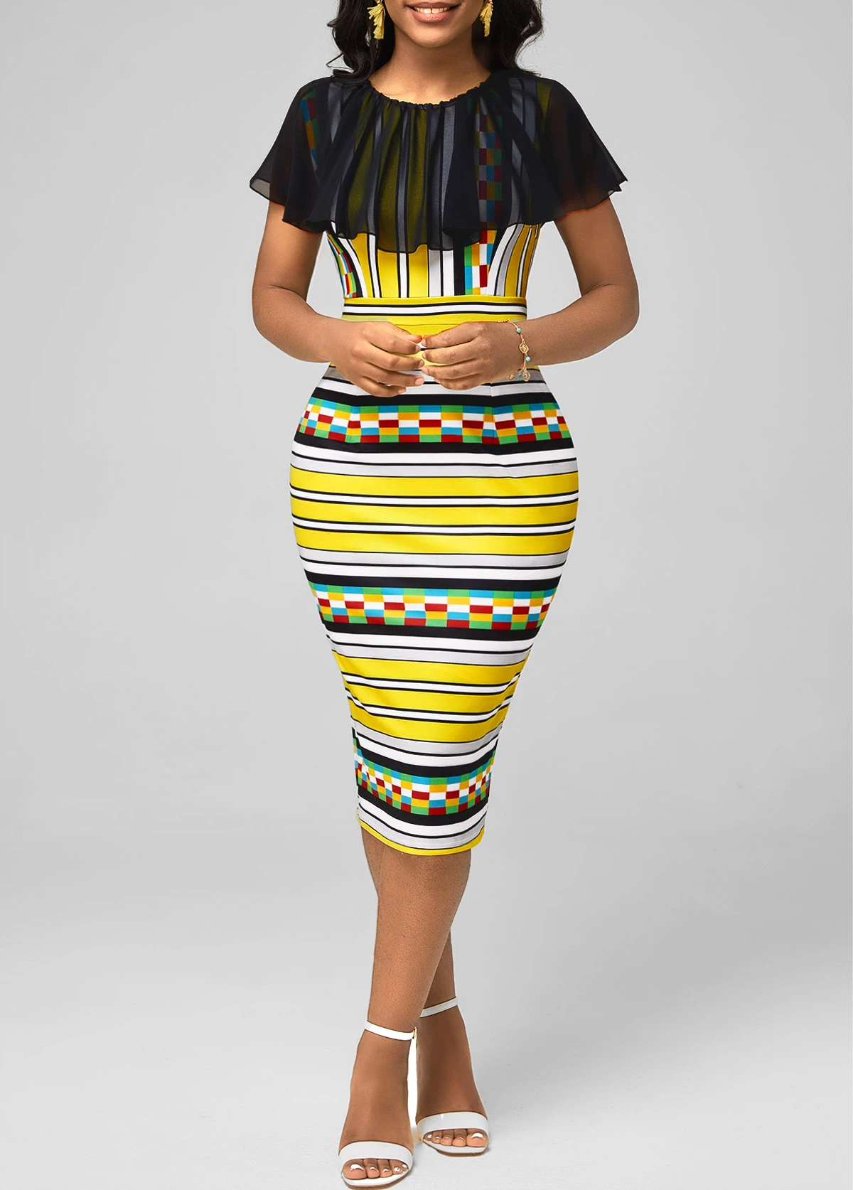 Chiffon Panel Multi Color Striped Bodycon Dress 5 Chiffon Panel Multi Color Striped Bodycon Dress - Image 5