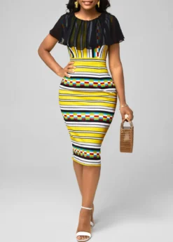 Chiffon Panel Multi Color Striped Bodycon Dress